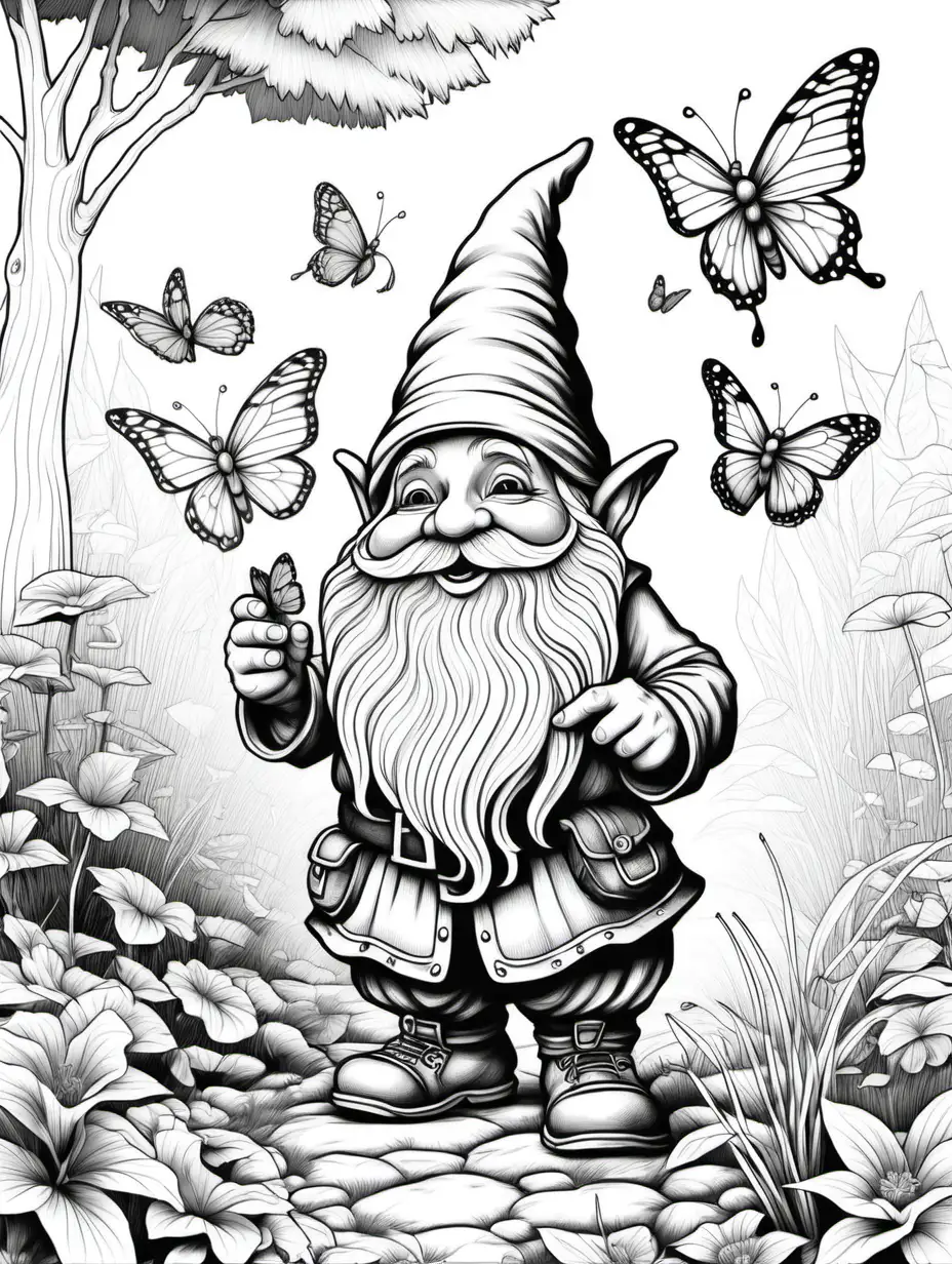coloring page for adults, gnome catching butterfly, thick lines, low detail, no shading,
