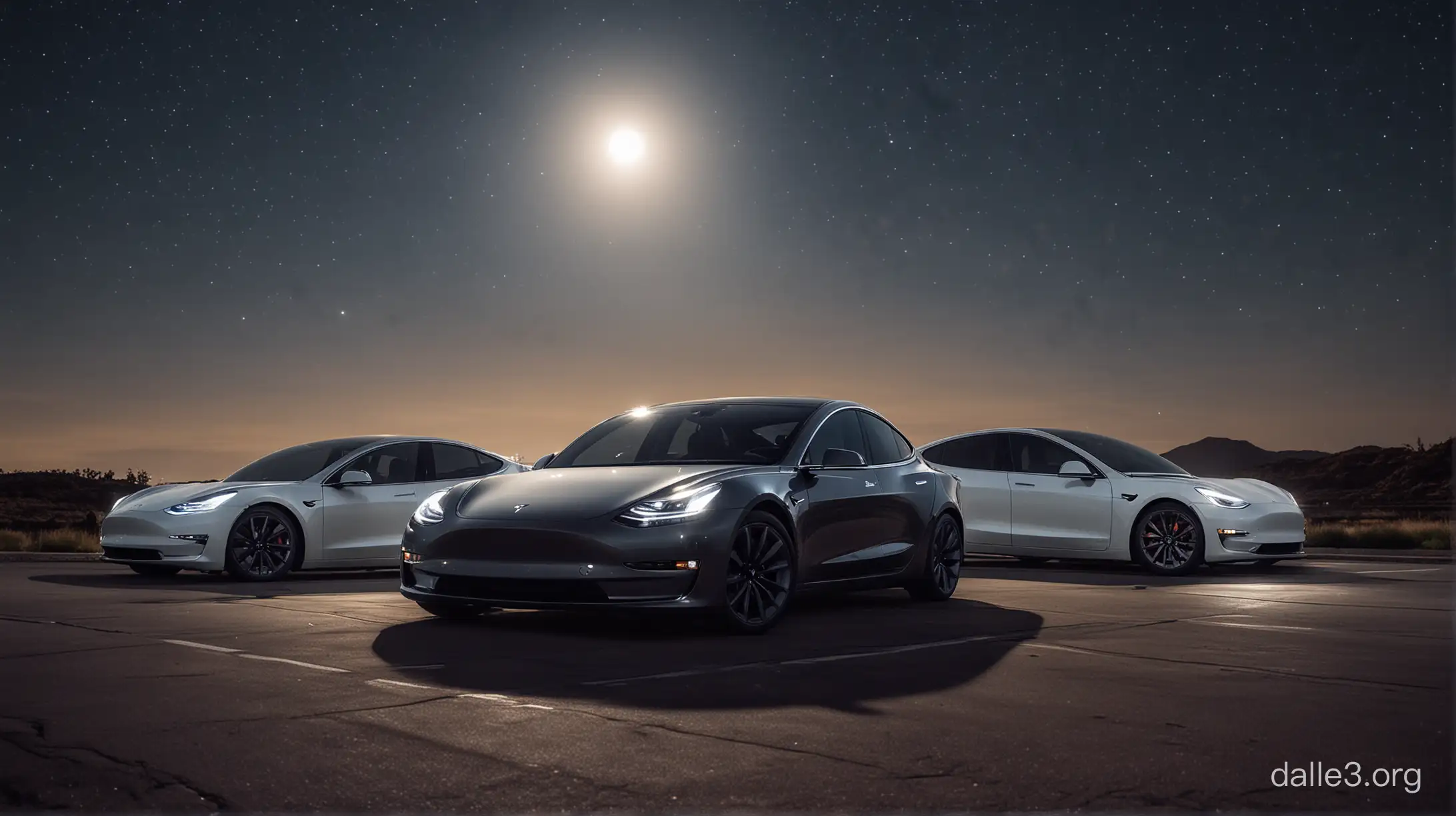 Fleet of Tesla Model 3 Cars under Starlit Sky with Full Moon | Dalle3 AI