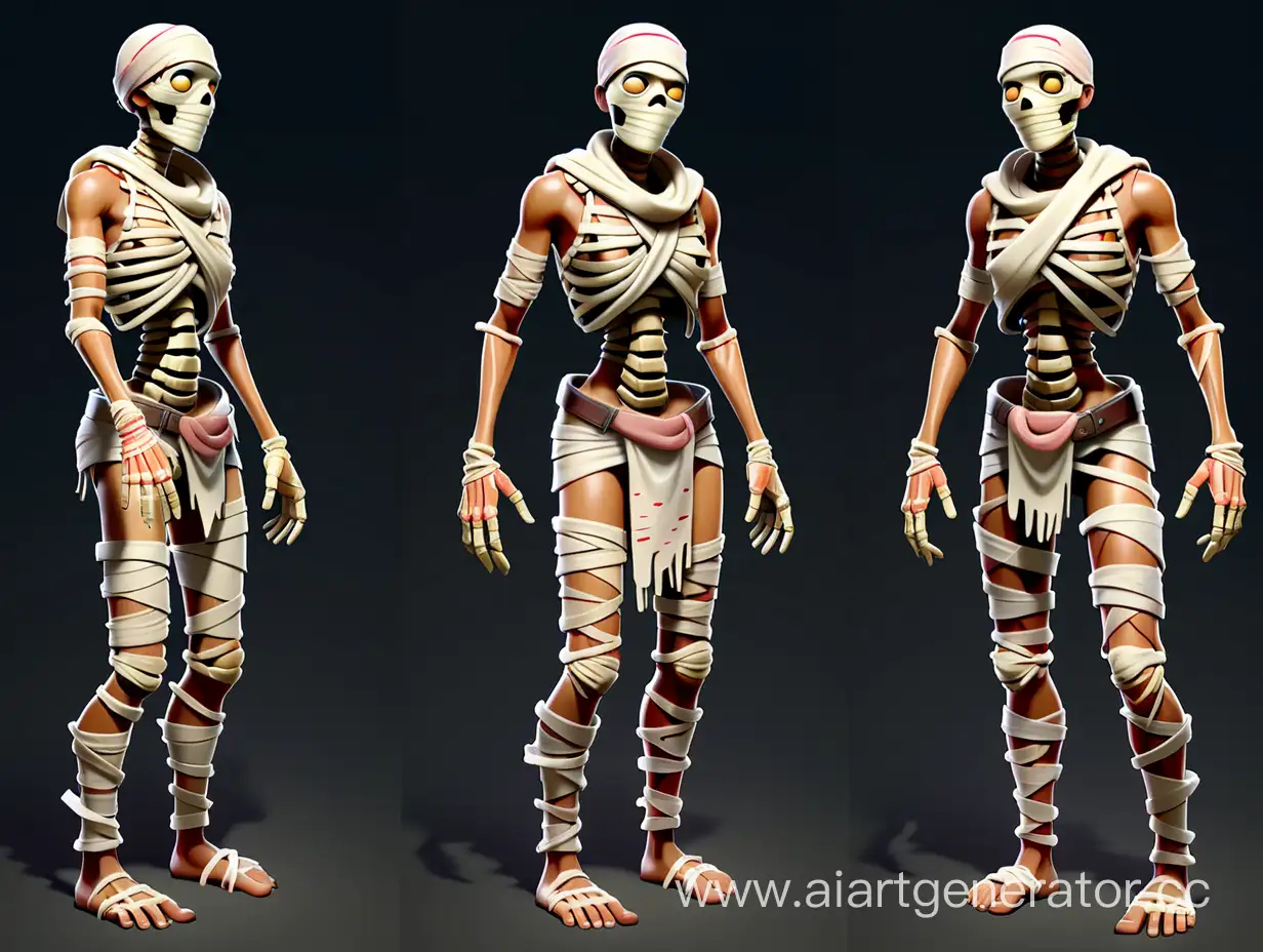 3 д модель мумии из игры пабг мобайл, полностью в бинтах у которой видны кости правой кисти,  левой стопы и правой стороны ребра, в полный рост, видны ноги , руки опушены, стоит смирно