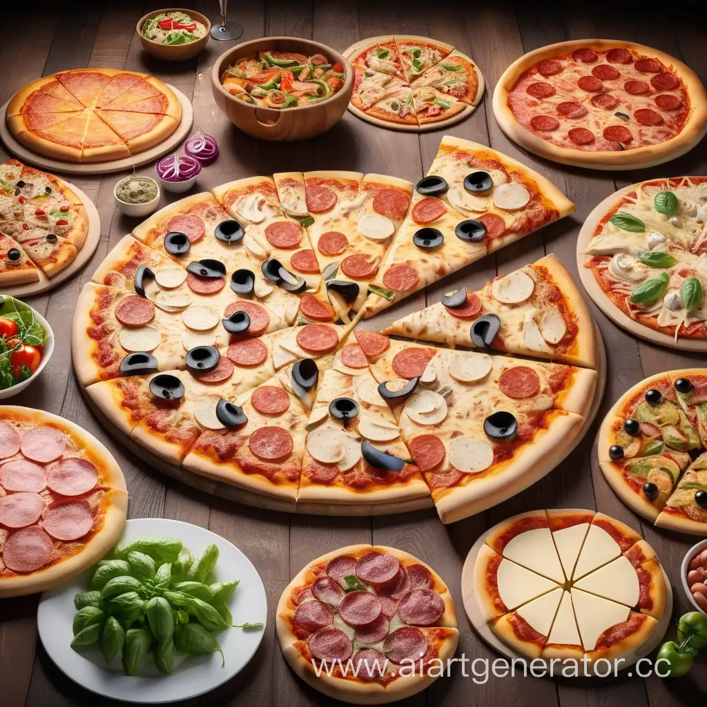 много пицц, день пицц и все в пиццах разнообразных, и овощных и мясных и сырных