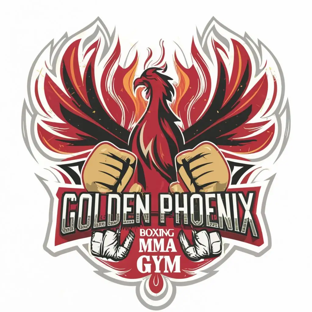 logo, A phonix and red  boxing gloves with a phoenix shadow in the background, with the text "Golden phoenix boxing and MMA Gym", typography, be used in Sports Fitness industry. Black background and not white. Phoenix shadow in the background