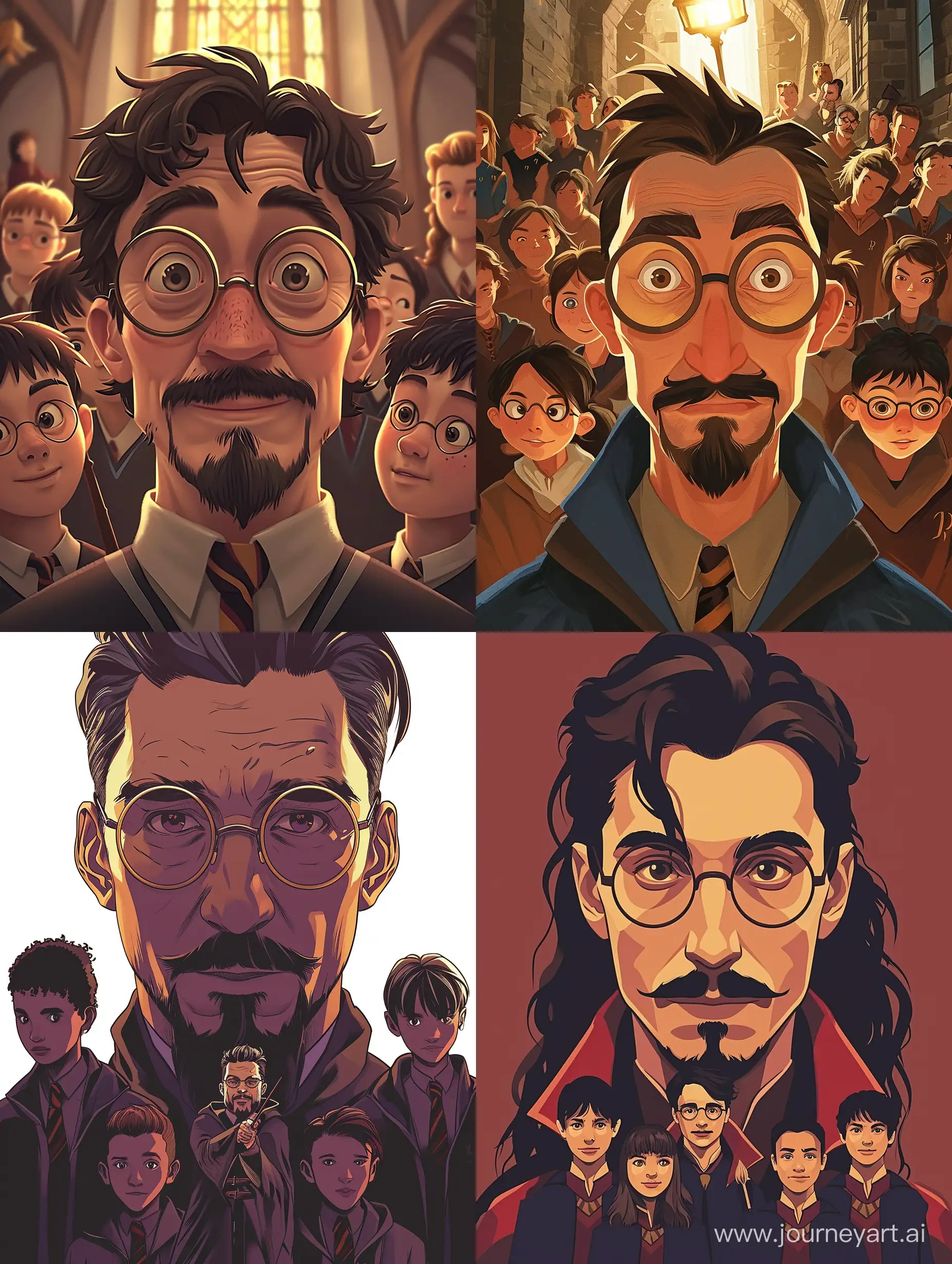 a teacher wearing round glasses and a goatee, some students standing front , Hogwarts, high quality, high detail, cartoon art