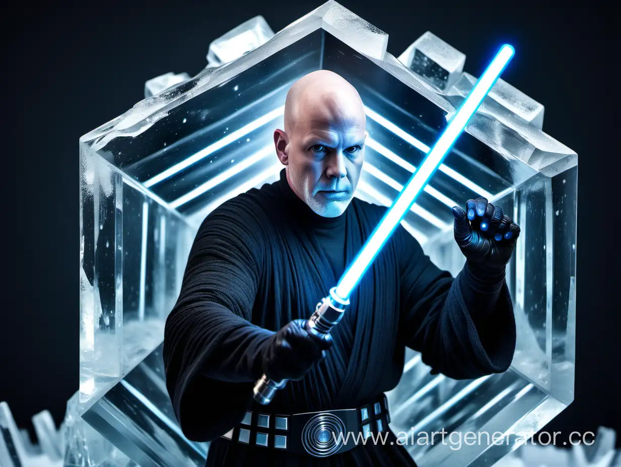 Bald-Man-Wielding-Lightsaber-in-Icy-Crystal-Cube