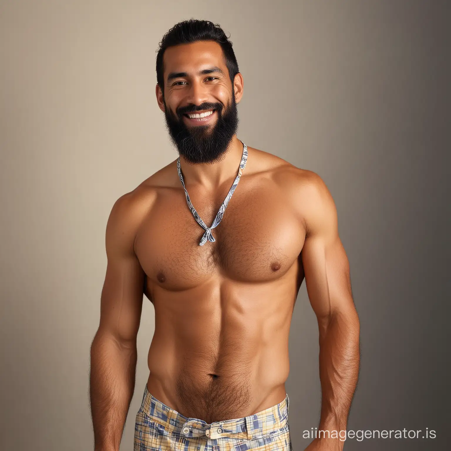 a smiling, confident, tall, lanky, fit, lean, broad shoulders, hairy chest, very long beard Hawaiian man, perspective shadows, wearing an unbuttoned shirt and tie, wearing a loincloth, show full torso, show full body, solo