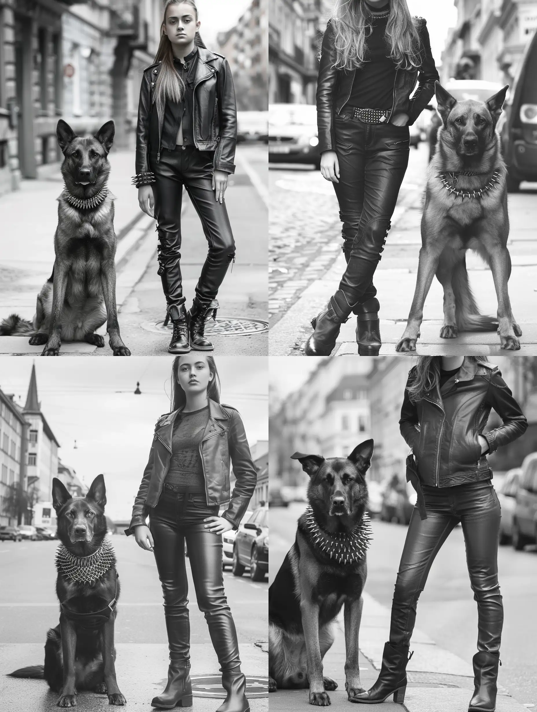 The girl stands on the street in leather pants and jacket next to a German Shepherd with a collar with spikes the girl's face is clearly visible and looks into the camera realistic photo 