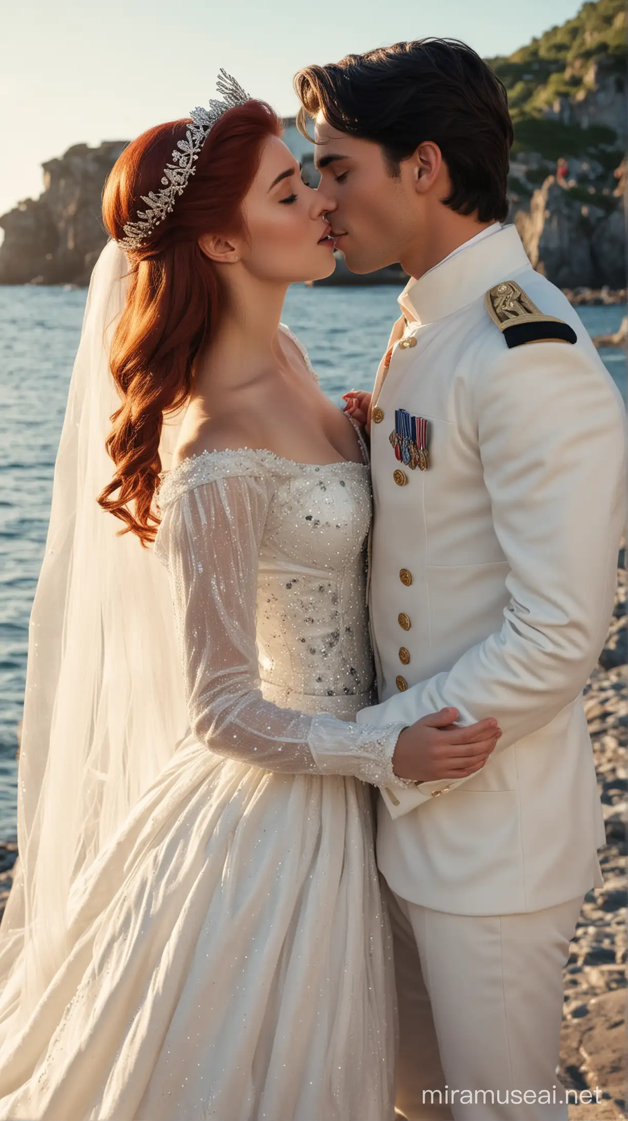Danish Prince Eric and Ariel Romantic Kiss by the Natural Sea Beach