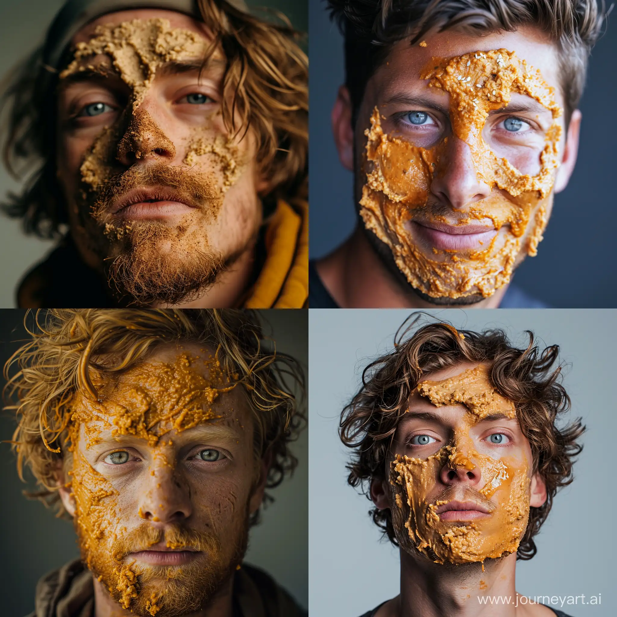 closeup of Dutch Van Der Linde with hummus all over his face --v 6 --style raw