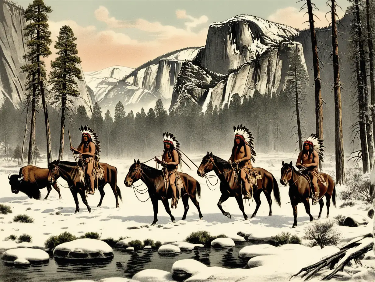 native americans on horseback in the winter hunting buffalo in Yosemite