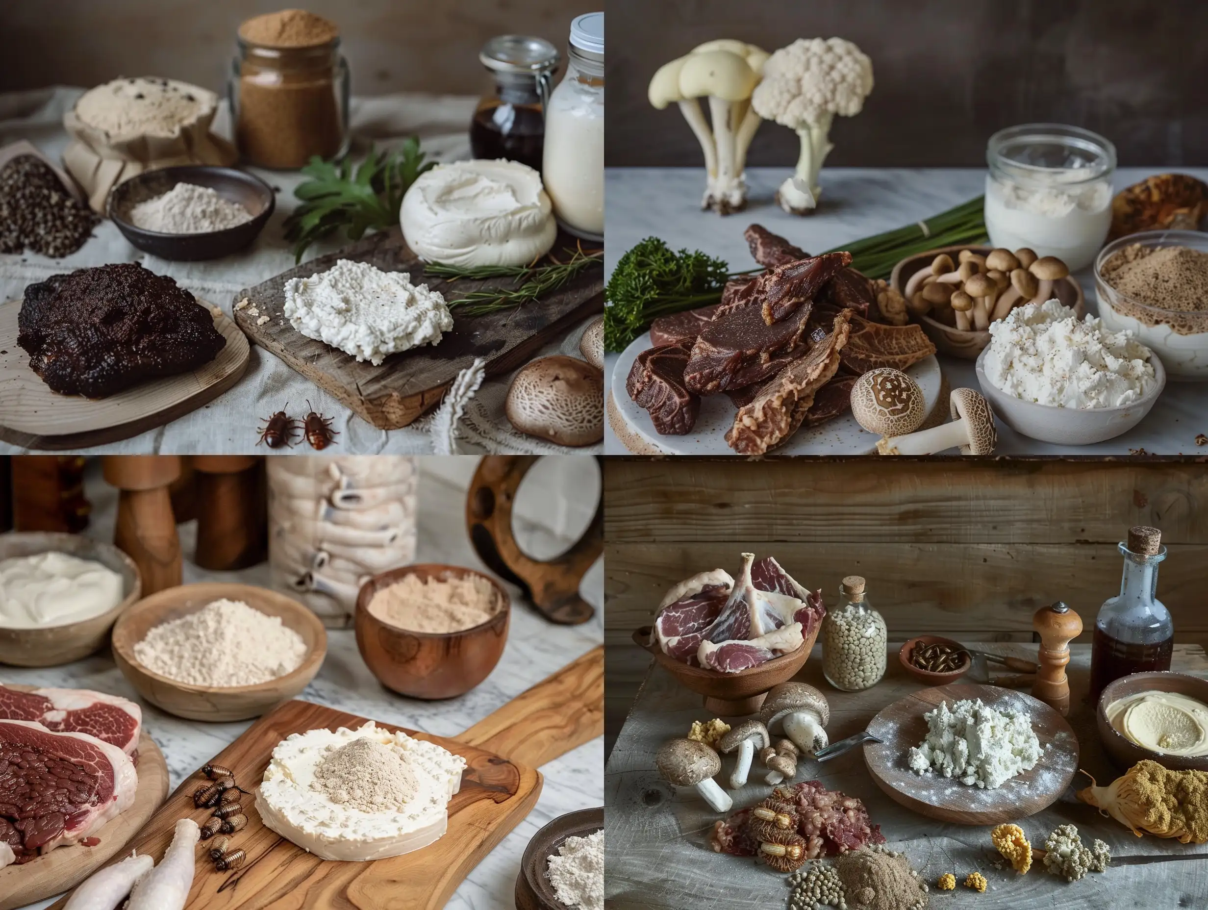 a table with cultured meat, insect flour,  fungi-based cream cheese