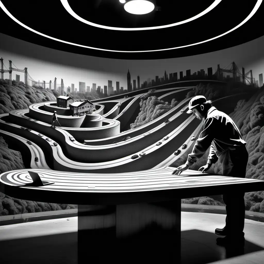 A realistic banksy highly detailed photography, dramatic lighting. 
A roadengineer standing 
in front of mahogny desk creating
a virtual highway on the table, climbing up in sloped curves, forming a vast amount of complex loops, ascending through various levels, thus being entangled with each other in a surreal way. Complex background in Black and White shadows 