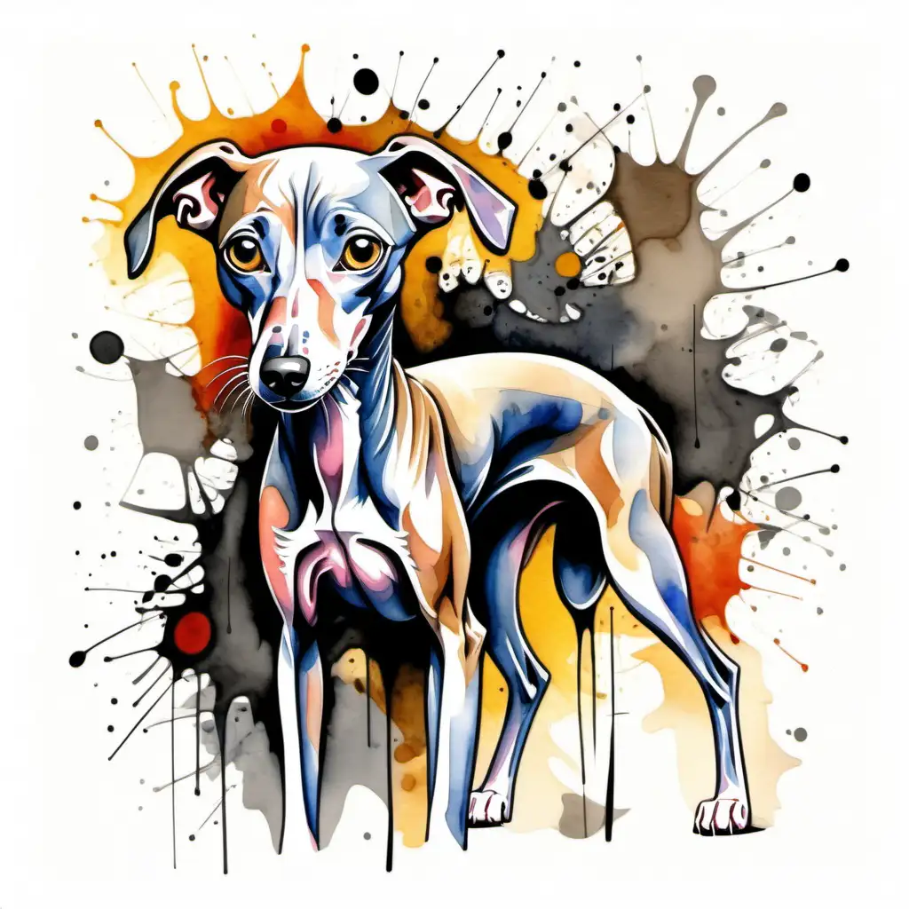 An abstract cubism watercolor sketch of an Italian greyhound in the style of Jackson Pollock