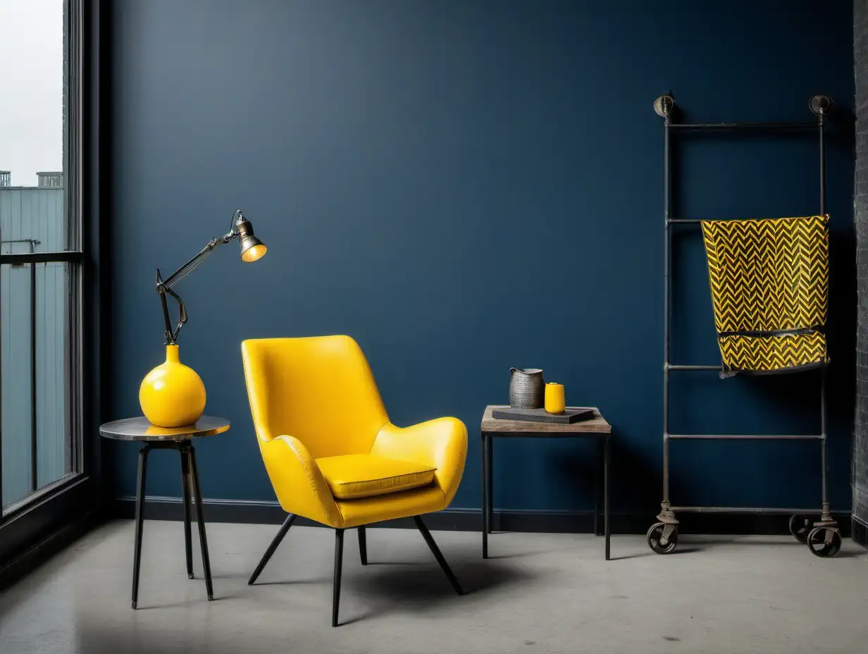 Commercial Photography, industrial living interior with blue and black chair and yellow decor