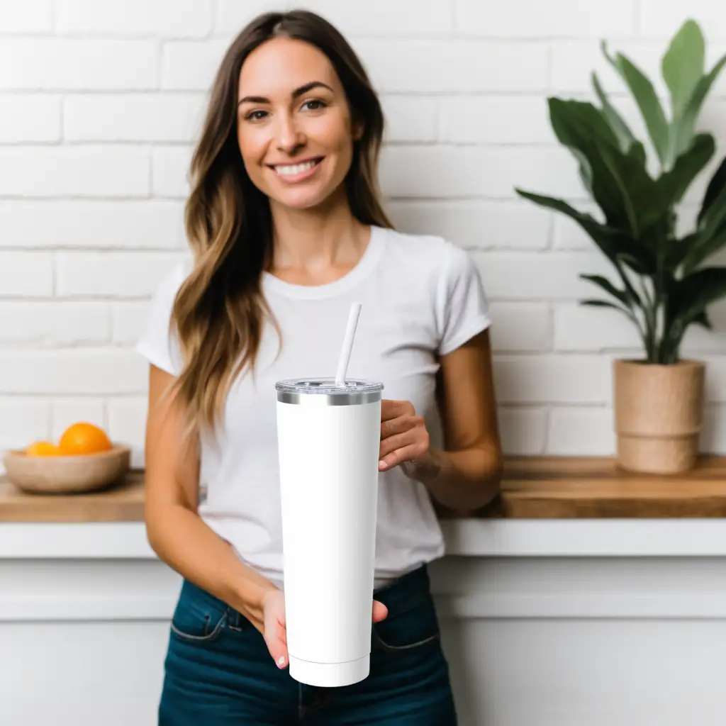 a woman holding a 20 oz  skinny white blank tumbler for mock up -
