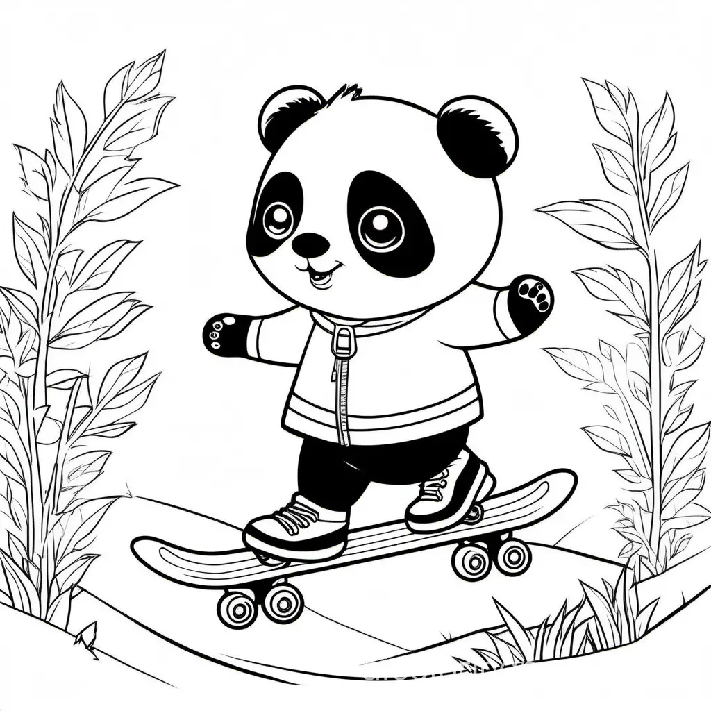 Cute panda bear skating with dog cat, Coloring Page, black and white, line art, white background, Simplicity, Ample White Space. The background of the coloring page is plain white to make it easy for young children to color within the lines. The outlines of all the subjects are easy to distinguish, making it simple for kids to color without too much difficulty