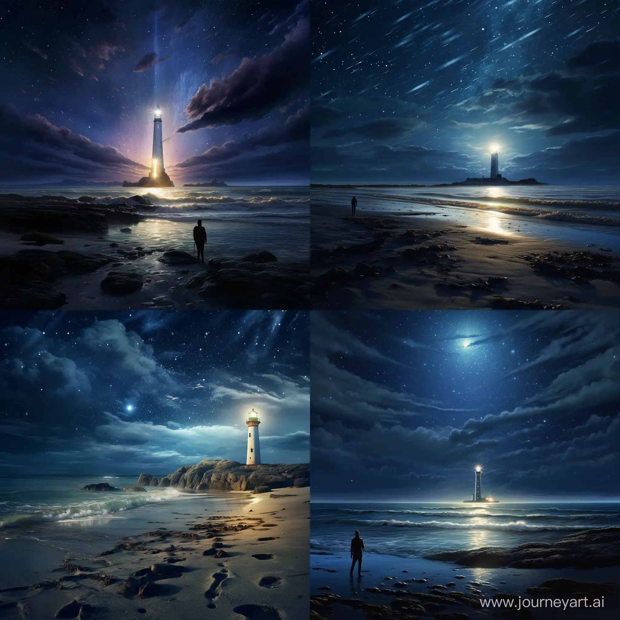 Mesmerizing-Night-Beach-Scene-with-Distant-Lighthouse-Illumination