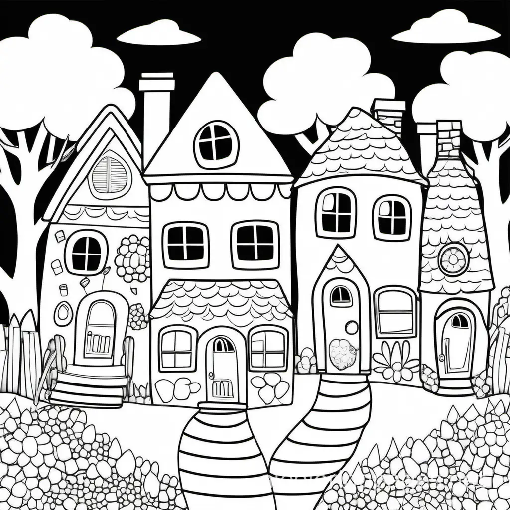 Whimsical-Houses-Coloring-Page-Black-and-White-Line-Art-for-Simple-Coloring