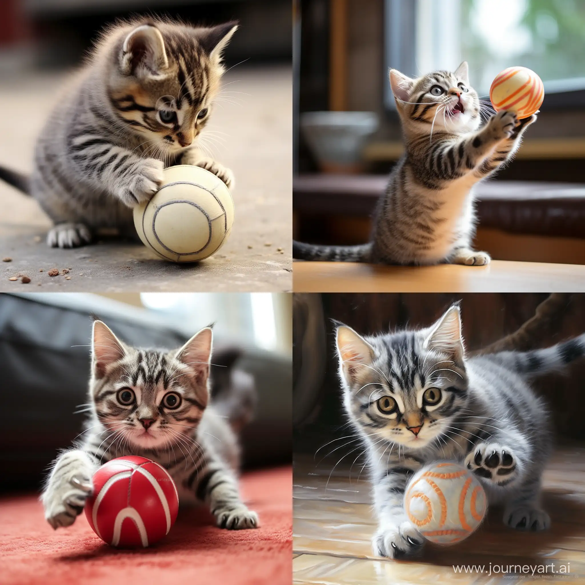 American shorthair cat, a female cat, plays with a ball very cutely