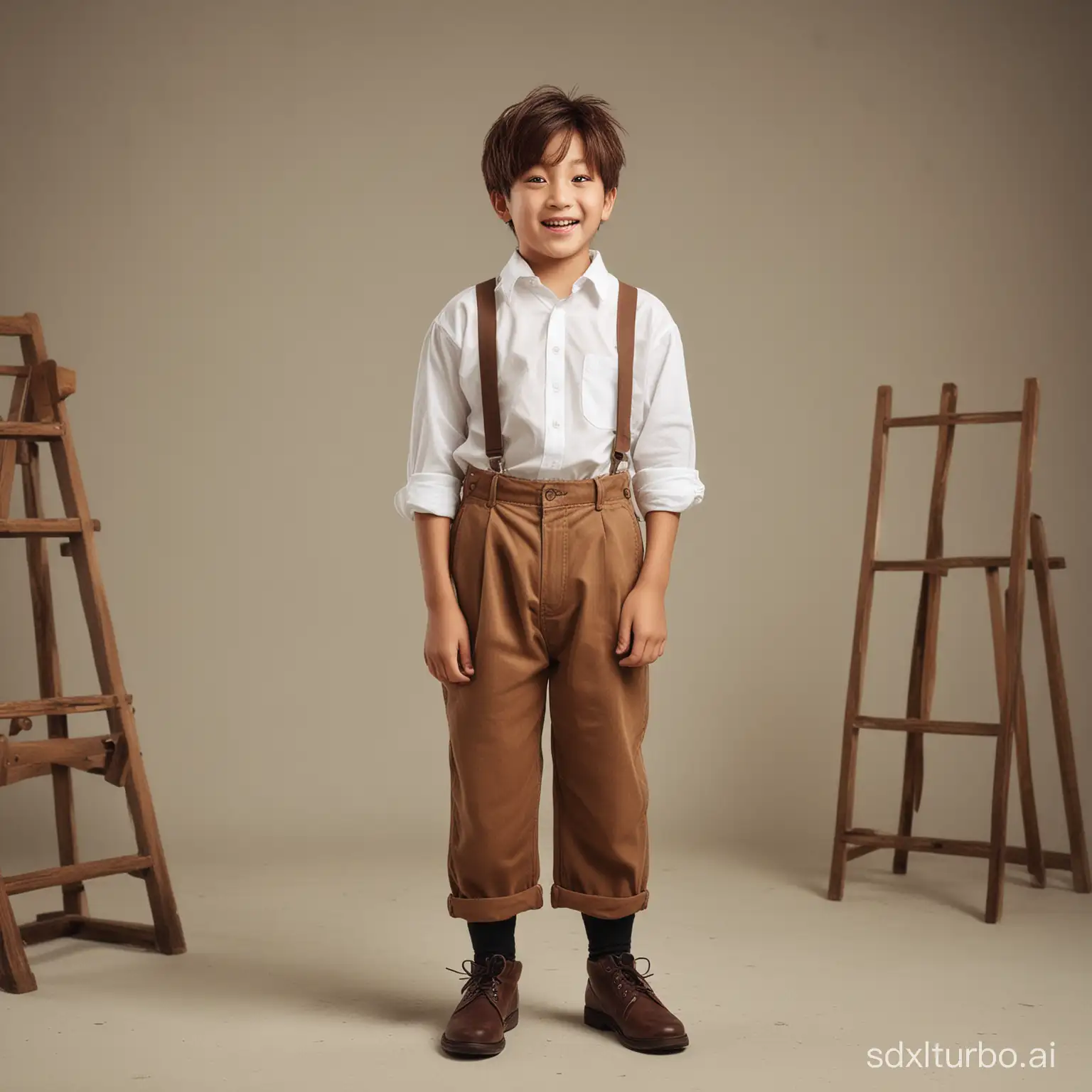 a five years old boy, with Jung Kook face, nice hair style, a lots of hair in brown color, casual cloth, white shirt, smile, look at camera, full body in the photo,don't cut body in half, Cinematic photography, (bokeh magic), classroom, runes, toxic punk, (ultra detailed), (rule of thirds), mind-boggling spectacle, assemblage of absurd elements clamors for attention.converge in a baffling configuration, constructing an image that defies coherence.  reality takes a comically perplexing plunge into utter absurdity. center frame, full head and body in the frame