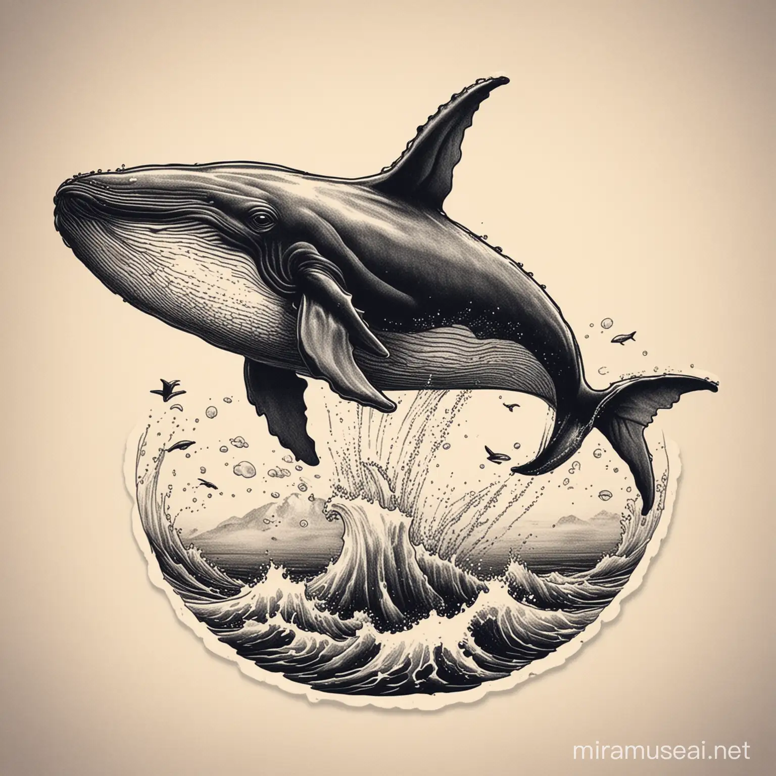 I want a tattoo with A whale jumps out of the ocean The image should be in sticker format, line art, or tattoo no colors black and white  