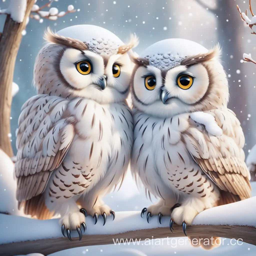 две совы, милые, круглые  , одна белая , снег , перья , сказочность