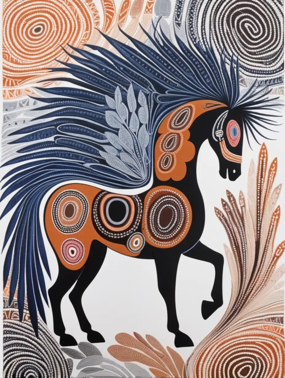 Australian-aboriginal-art-in-earthy-colors-with-white background, black, navy blue pink-blue-orange-brown-white-grey-black-with-a-pegasus