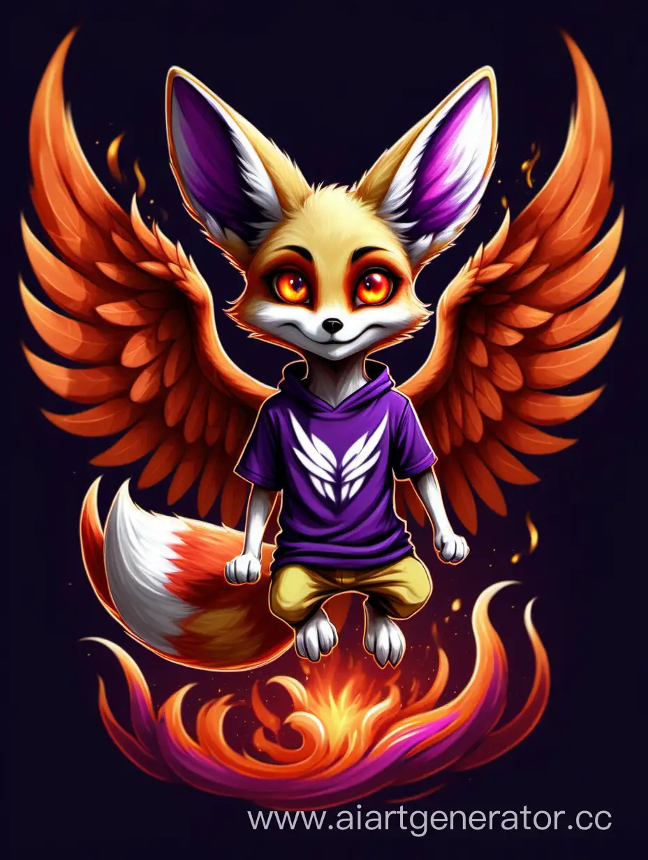 нарисуй фенека с огненными крыльями%2C большими красно-оранжевыми огненными крыльями%2C большими фиолетовыми глазами%2C в футболке на которой написано слово “PHOENIX” в 4К
