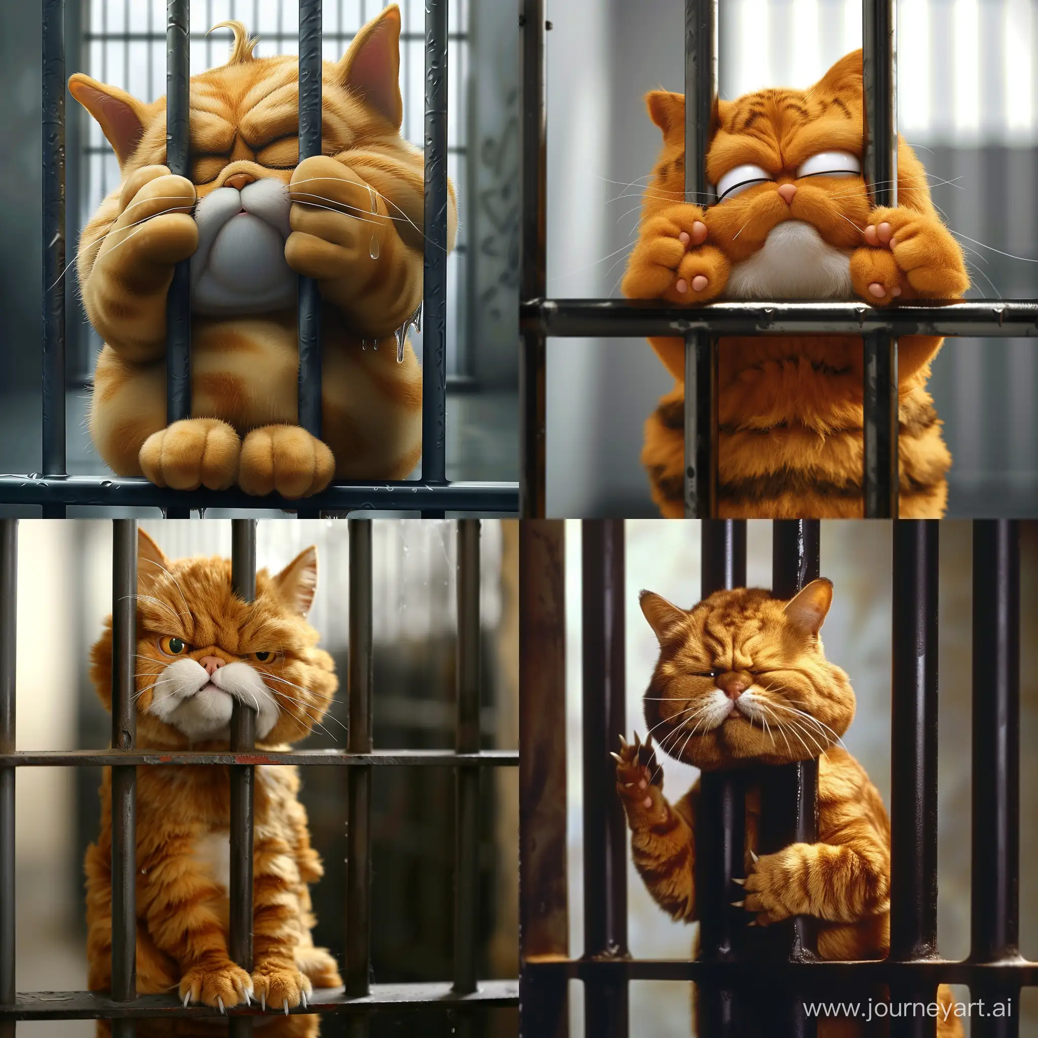 Жирный кот Гарфилд ,действие: плачет в тюрьме за решеткой
