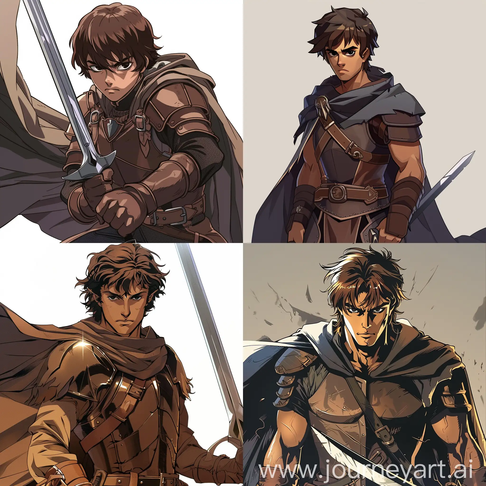 a duel sword wielder,a brown haired human,black colored eyes,good jawline.Wearing a leather armor and a cape
