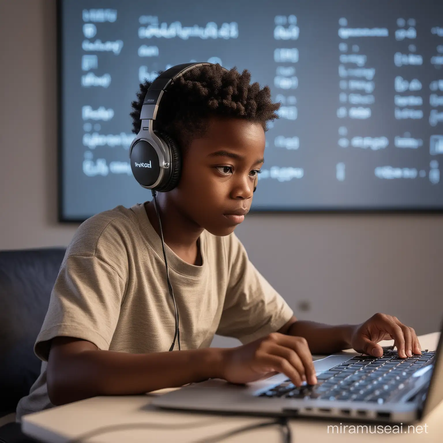 A young African boy coding information of a screen on headphones in a cool room