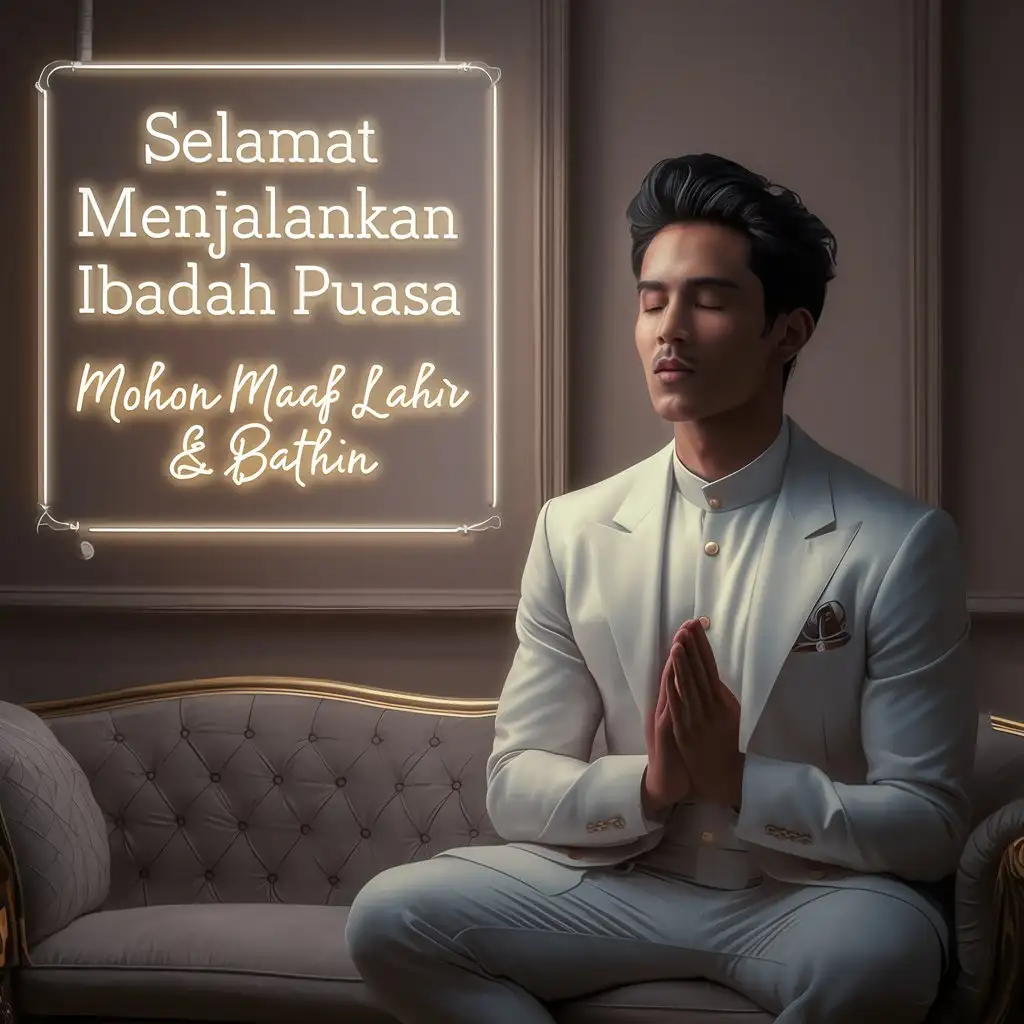 Take an korean studio photo, a handsome 23 year old man, thin body, wearing Muslim clothing, posing while praying, sitting on a luxurious soft sofa. On the wall there is a large neon writing "SELAMAT MENJALANKAN IBADAH PUASA" "Mohon Maaf Lahir & Bathin" in light gold font