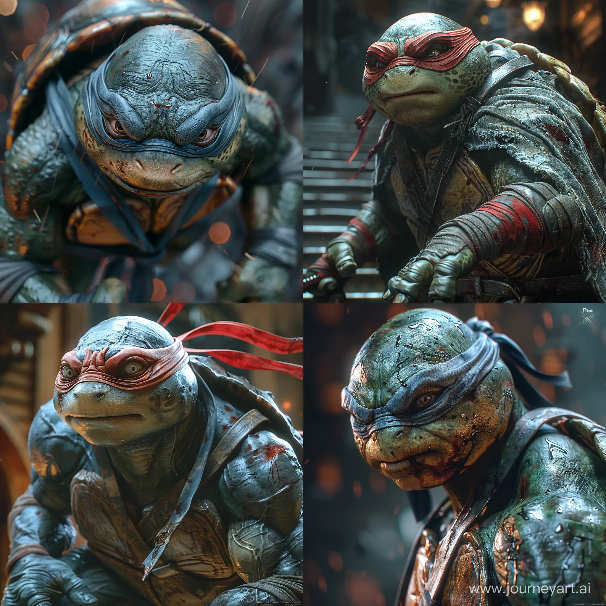 realistic Raphael Teenage Mutant Ninja Turtles, looking down, cinematic, dark, prime 1 studio, (awe-inspiring:1.1), majestic, pompous, (floating in mid-air:1.5), (leviating:1.5), extreme detailed, flowing cape, chiaroscuro, harsh shadows, bloody highly detailed --style raw --stylize 500 