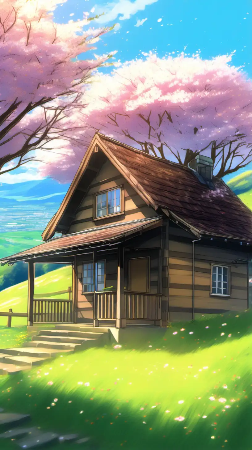 Beautiful an old cabin house location on the hill in the countryside in scotland with beautiful view to valley of beautiful flower meadow, beautiful  lush cherry blossom tree in front on yard, petals on the sky, very beautiful sky, realistic landscape painting , trending pixiv style, makoto shinkai style, ghibli studio style, acrylic palette colors, render, full shot, super detailed painting, 8k, best quality, --ar niji  v 6.0, photography style,  view from grass