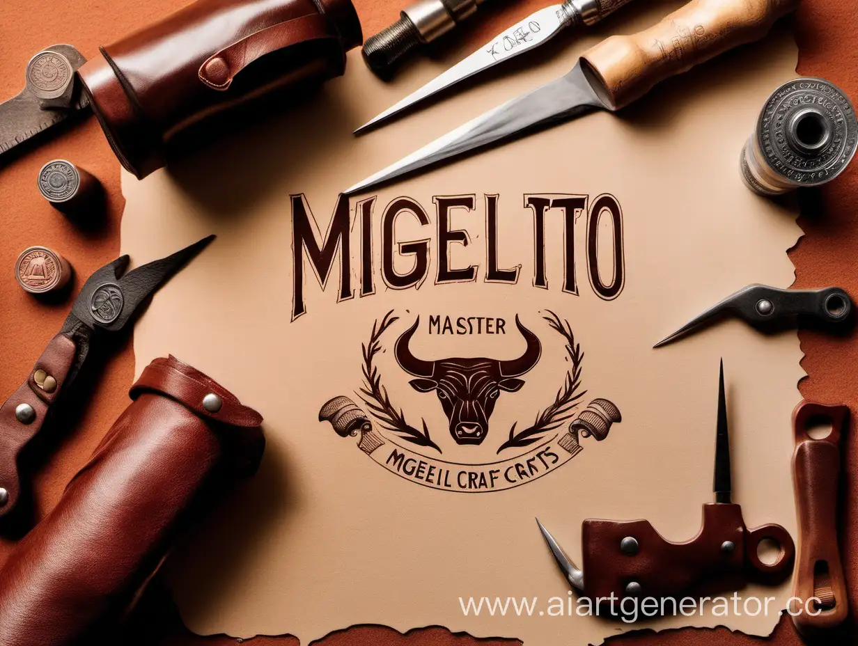 На фоне рулона кожи - инструменты  и спереди штамп быка и надпись: 
Migelito
Кожаных дел мастер
