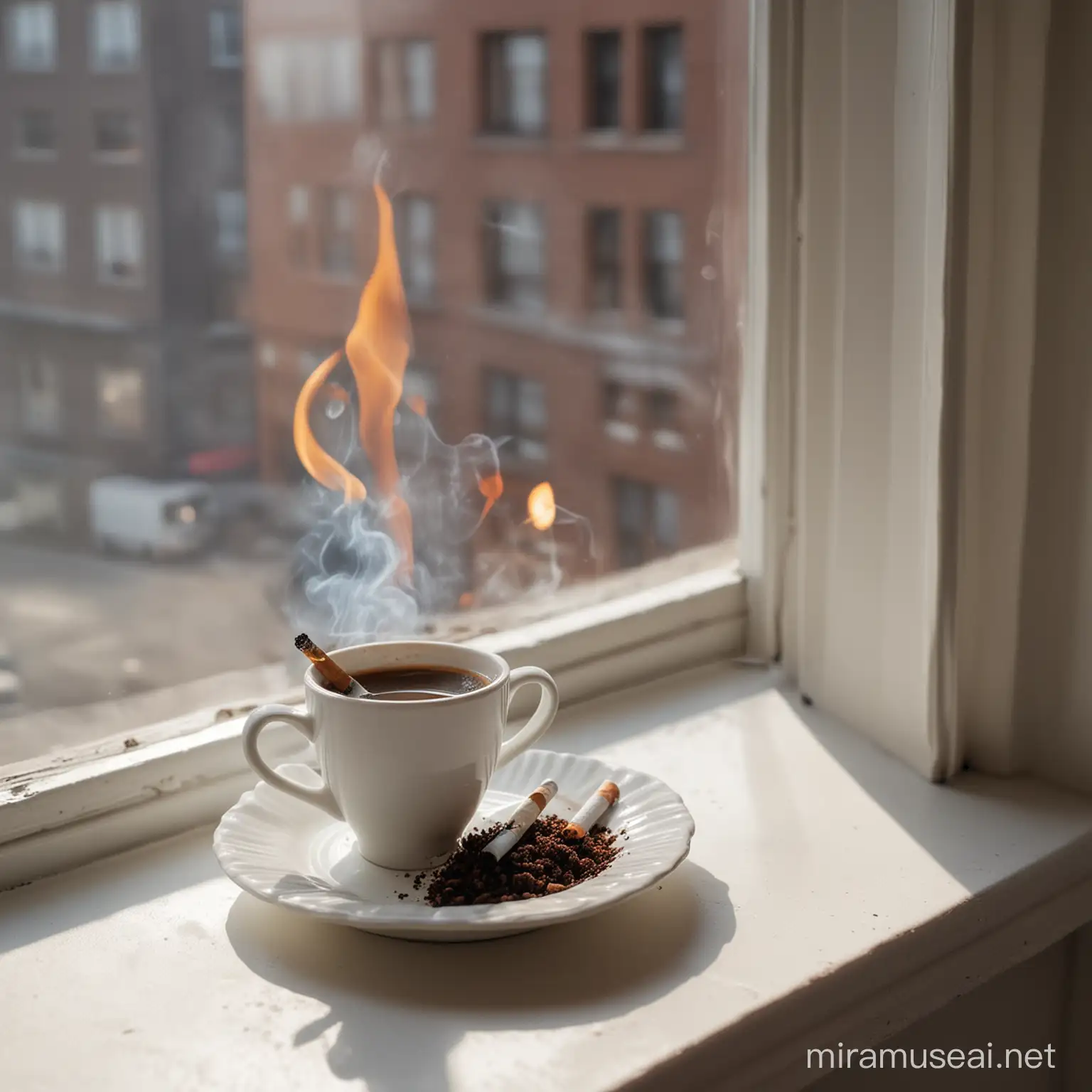 一只精致的咖啡杯放在窗台上，旁边有一个放了半只正在燃烧的香烟的烟灰缸。