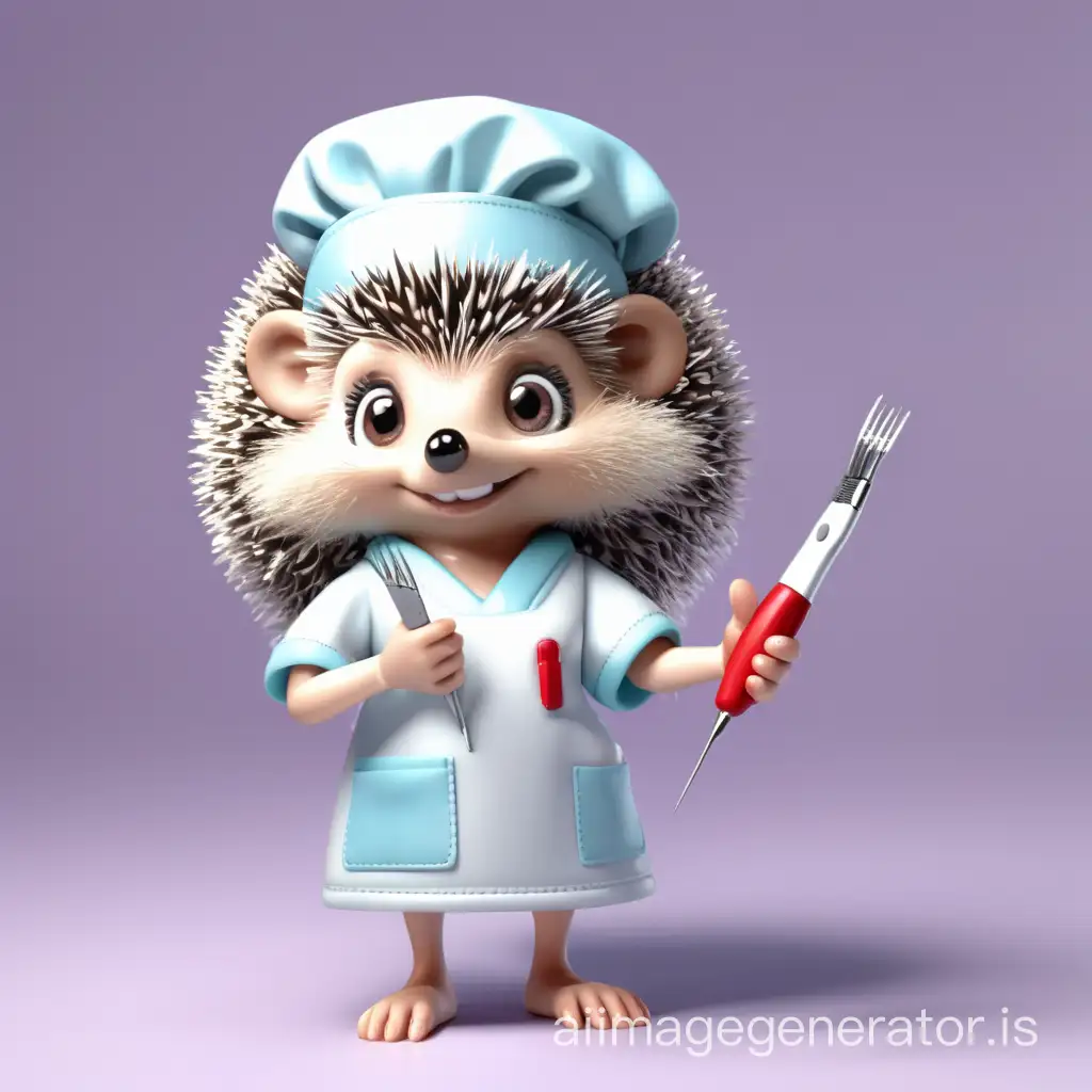Hedgehog girl without spines in surgical attire with tweezers and epilator in hand