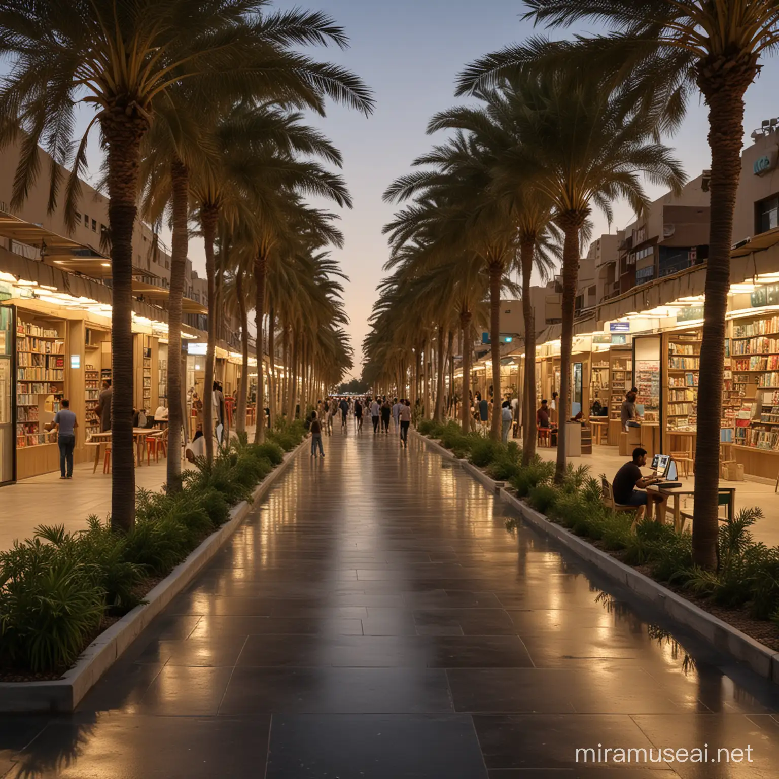 Imagine an architectural development of Al-Mutanabbi Street in Baghdad in a modern, modern way, while preserving bookstore kiosks and places for people to sit and rest, with small kiosks selling popular food, with palm trees and plants, and small water fountains for children to play, and it would be at sunset with night lighting.