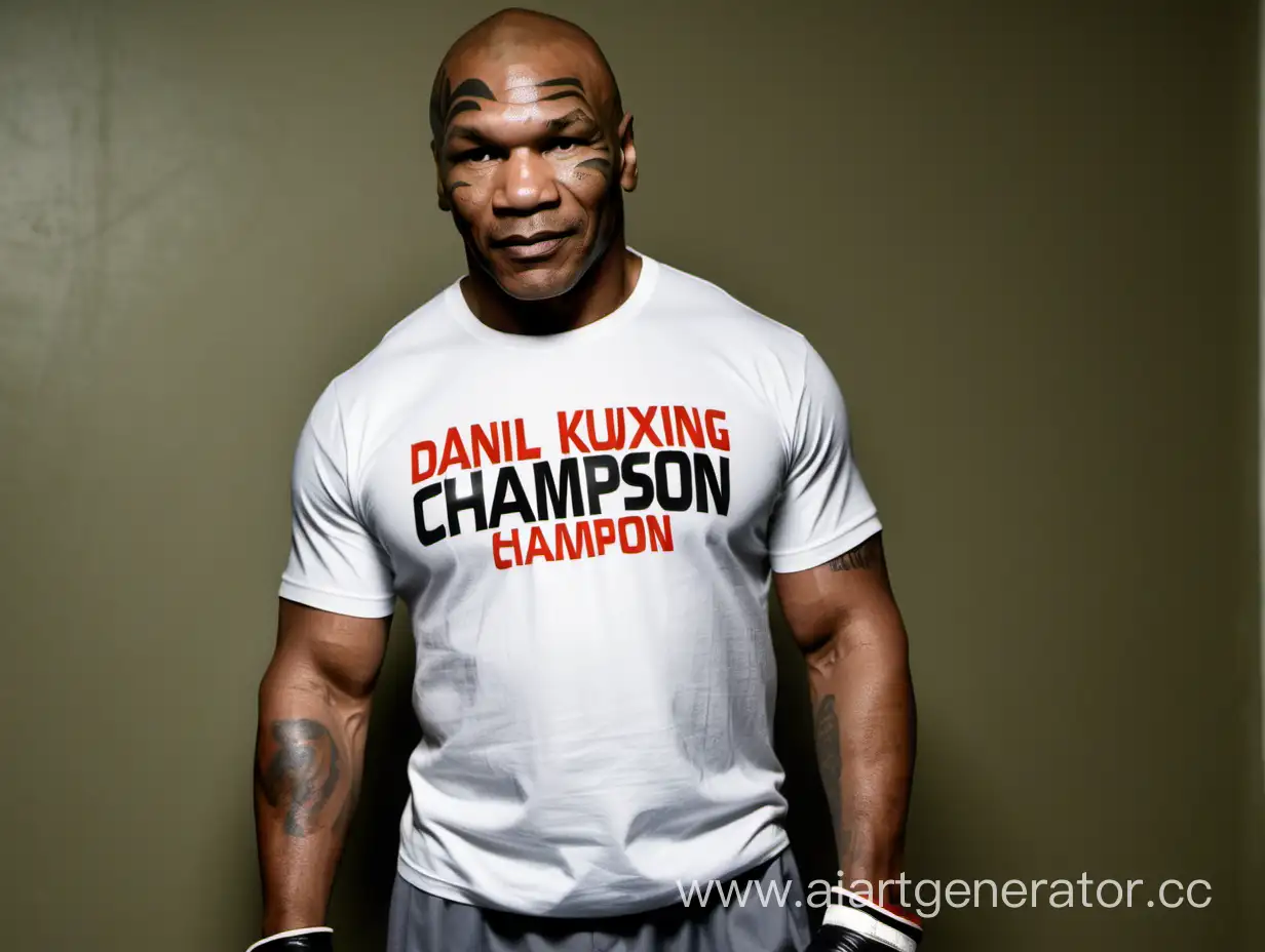 Майк Тайсон стоит в футболке с надписью Данил Кузнецов Будущий чемпион по боксу