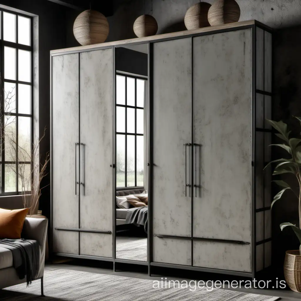 wardrobe with a metal frame in loft style.  metal and aged light gray wood, three doors.   Two outer doors with mirror