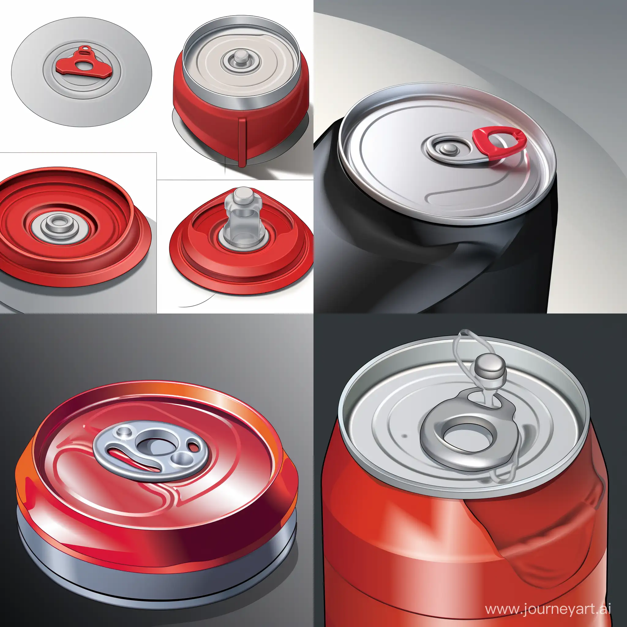 Design layout of an aluminum can. 
An aluminum can with a re-closing valve, which is made in the form of an aluminum button, in place of the standard sealing pin. A drop of red silicone is applied on top of the sealing pin to create an image of the button. The sealing pin holds the return spring, which closes the jar when returning.