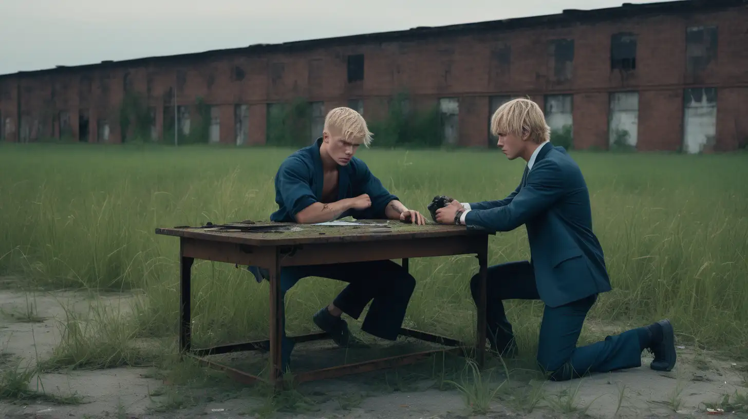 A SMALL WOODEN TABLE OUTSIDE AN ABANDONED FACTORY IN A FIELD. OVERGROWN GRASS AND WEEDS EVERYWHERE AND RUSTED MACHINERY STREWN AROUND. A YOUNG MAN WITH SHORT BLONDE HAIR SITS AT THE SMALL WOODEN TABLE AND A MIDDLE AGED FBI AGENT IS KNELT TO THE YOUNG MAN AND HE IS BREAKING HIS ARM IN A JUJITSU MOVE  