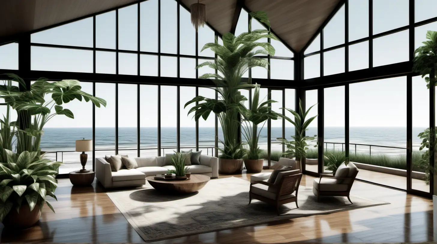 Luxurious Beach House with Stunning FloortoCeiling Windows and Lush Greenery