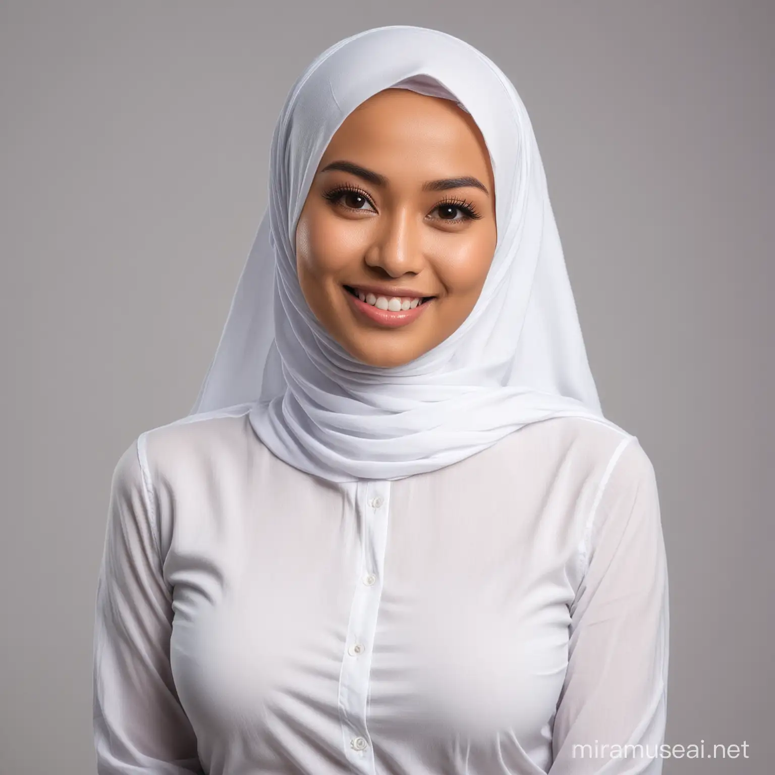 Malaysian Malay lady, typical village Malaysian face. Wearing a long-sleeved white shirt and hijab, sexy posing while show off her big boobs for a photoshoot with a clean background, looking directly at the camera with smiling face expression. She has a nice and sexy body shape. 