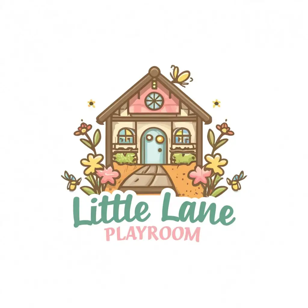 a logo design,with the text "Little Lane Playroom", main symbol:a logo design with the text "Little Lane Playroom" featuring a paved road with multiple little playhouses along with butterflies, bumble bees, flowers, and toddler toys. Pastel colors only,complex,be used in Home Family industry,clear background