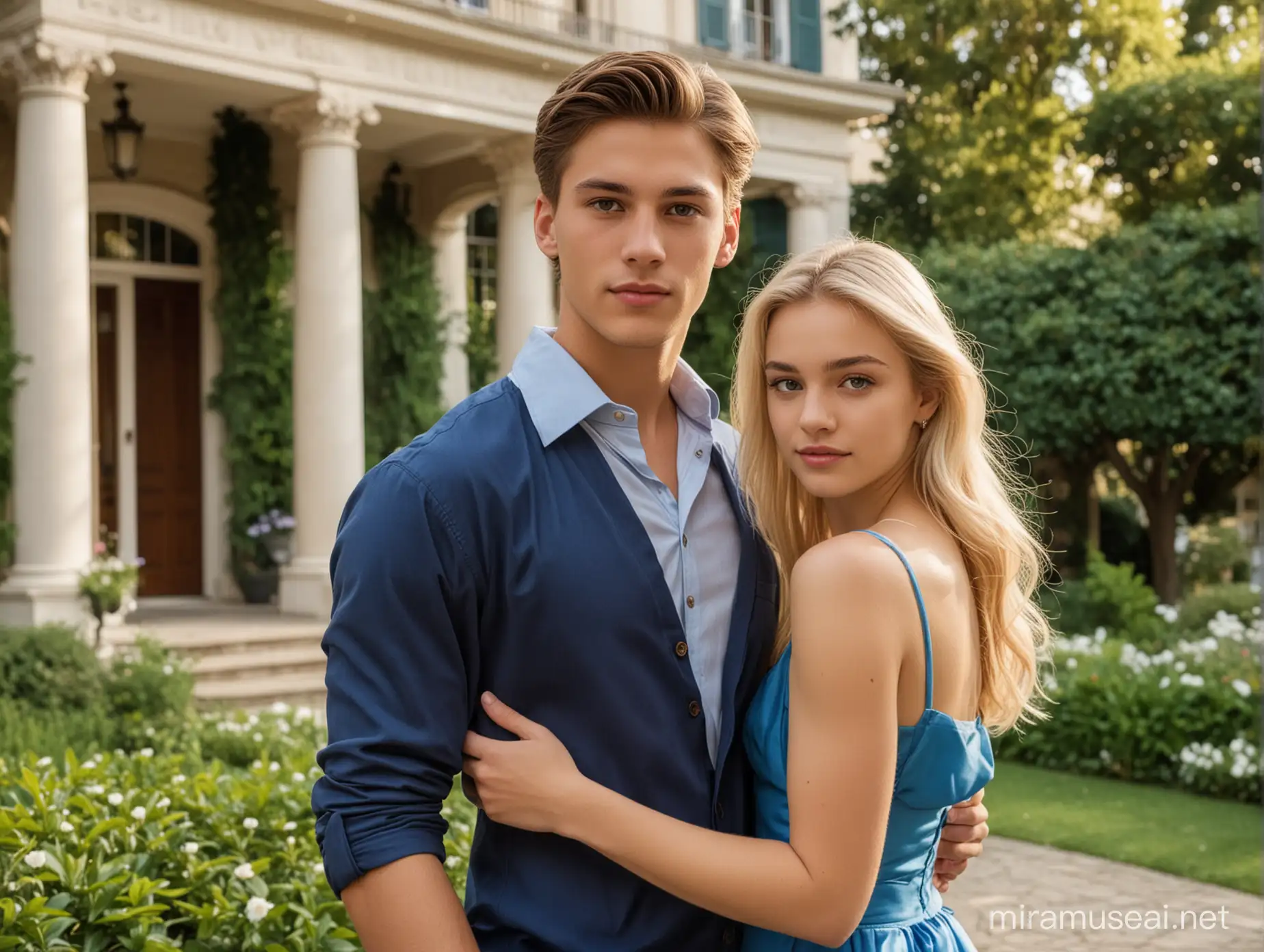 Un hombre atractivo de 20 años de cabello castaño liso, ojos cafe claro, millonario y junto a él una chica de 20 años rubia con vestido elegante azul. De fondo un jardín de una mansión.