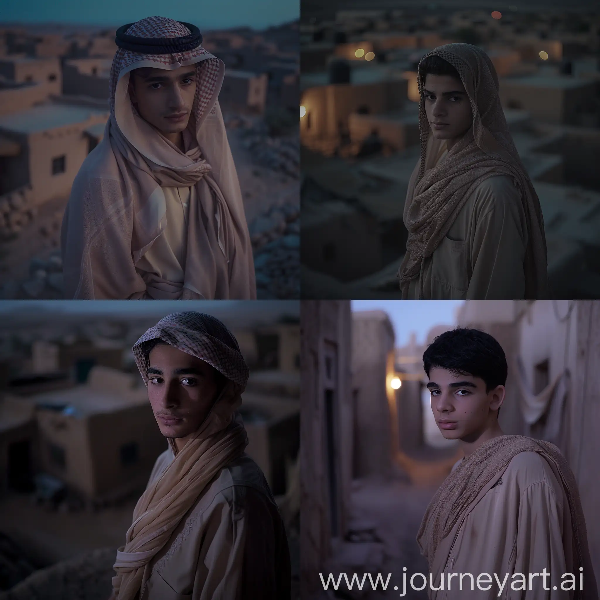 The view of the houses is dim, without lights or lamps At night cinematic picture, long shot, dim lighting, of a handsome Saudi young man, somewhat thin, his hair is visible, wearing the traditional dress, the beige thobe only, without any cloth, shawl, or head covering. The place is a Saudi village, its houses Without lamp lights are made of mud. The time: in the evening after seven. cinematic, epic realism,8K, highly detailed 