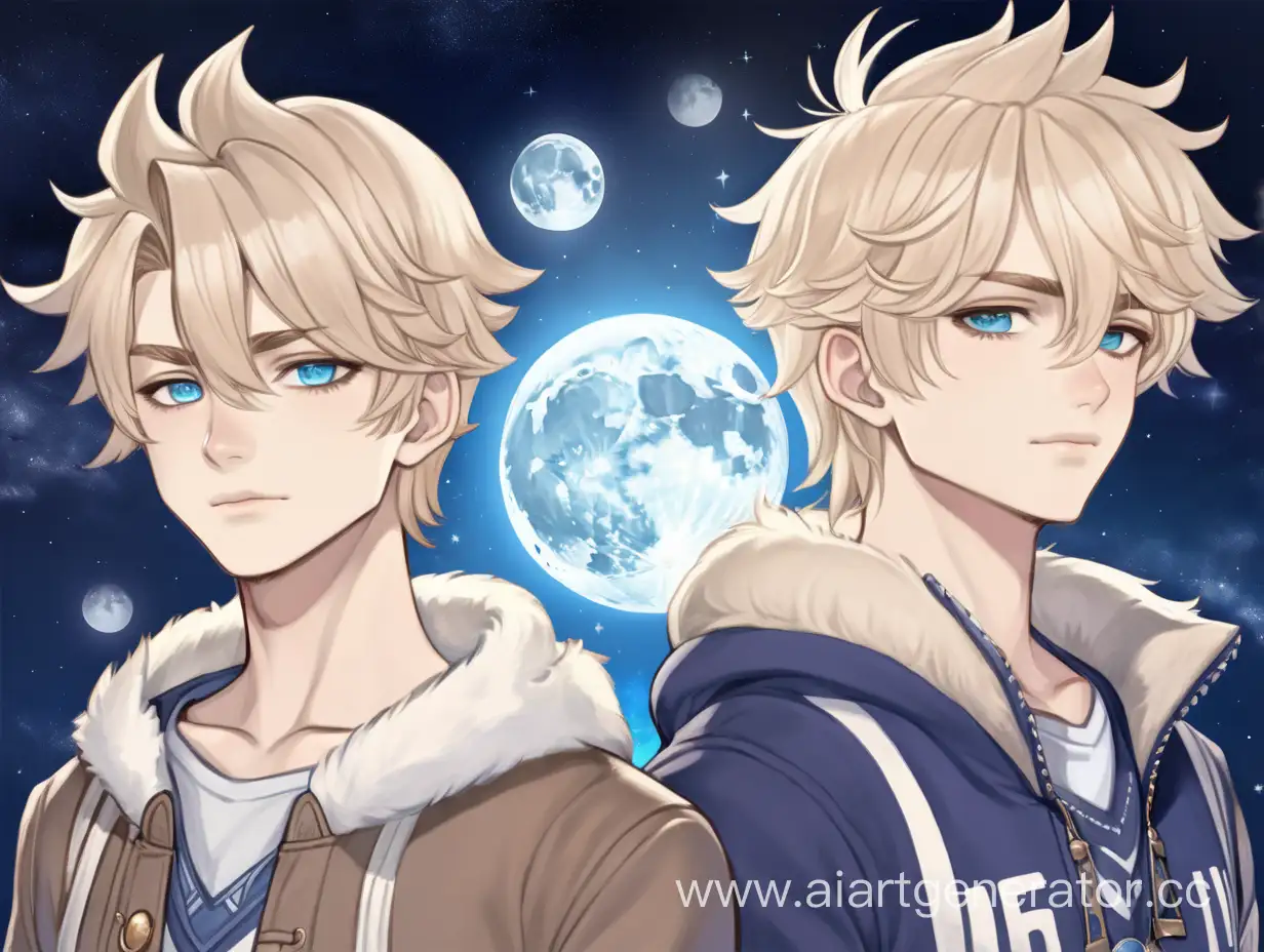 2 boys with ash-blond hair, twin brothers, moonstone humanization , polar characters, contrast of day and night, cute clothes