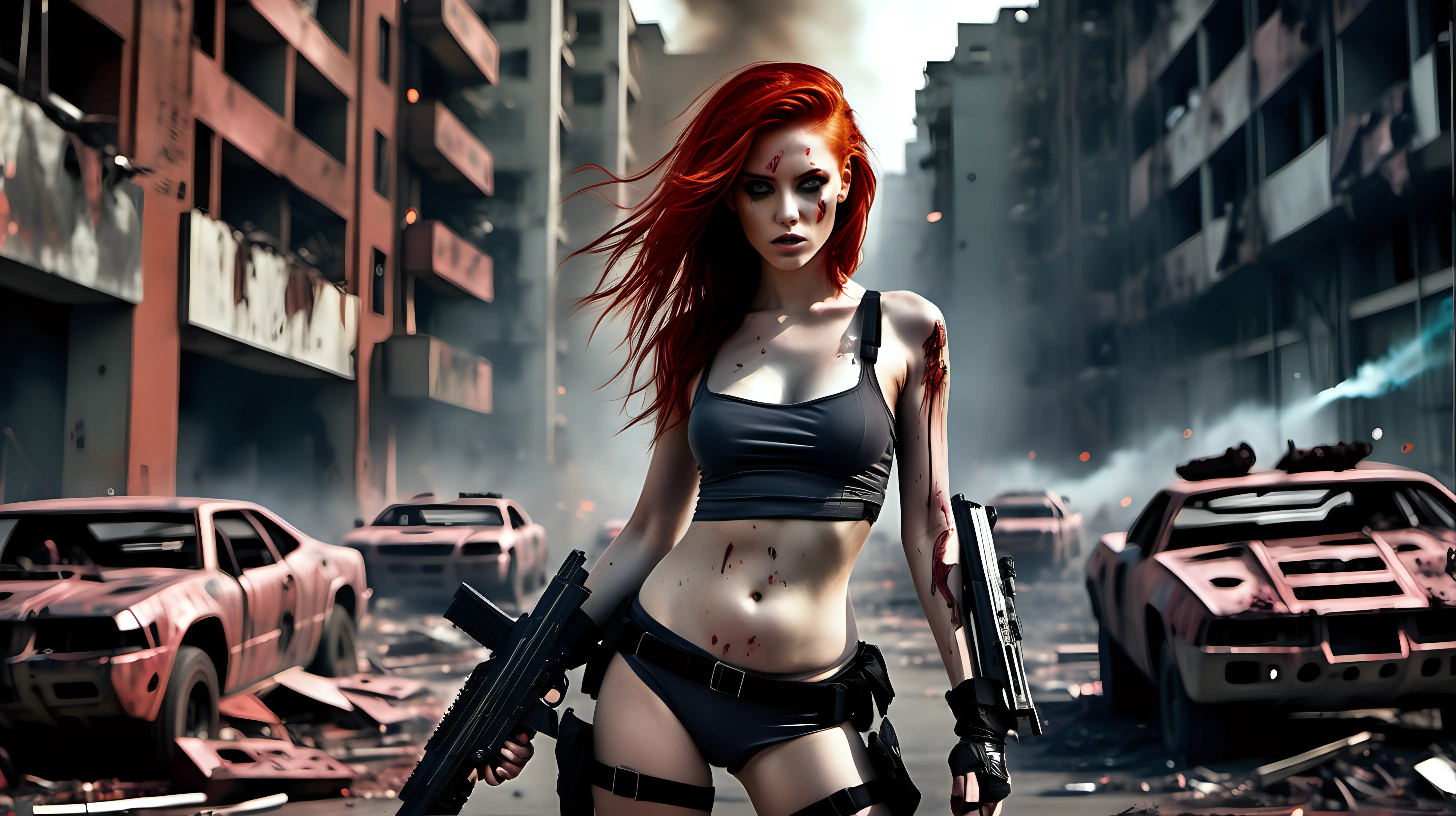 create a realistic picture of the same beautiful young woman with her red hair loose, scantily clad in a dystopian city of the future with weapons in motion, vandalized cars behind her, houses burning in the area and a battle with the terminators
