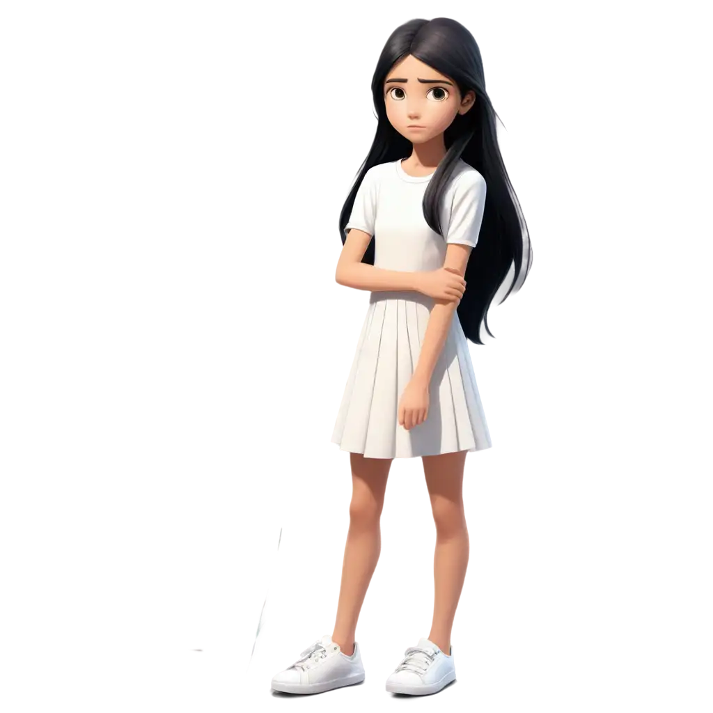 Cartoon character realistic style of a 12 years old girl. She has white skin, long black hair, big light brown eyes. She is wearing a white dress and white  shoes. She looks very sad, crying, because she hurt her leg. 