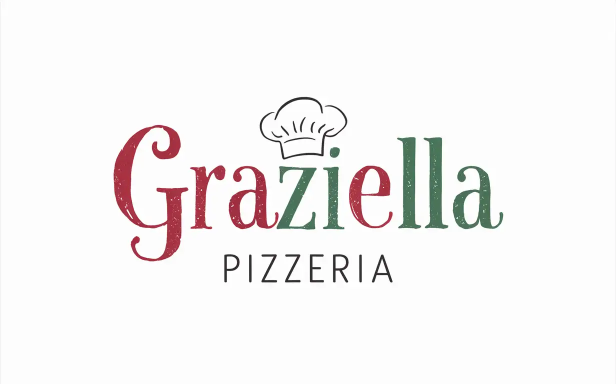 Graziella Pizzeria logo, handwriting font, Italian colors, Chef hat, Simple back ground,