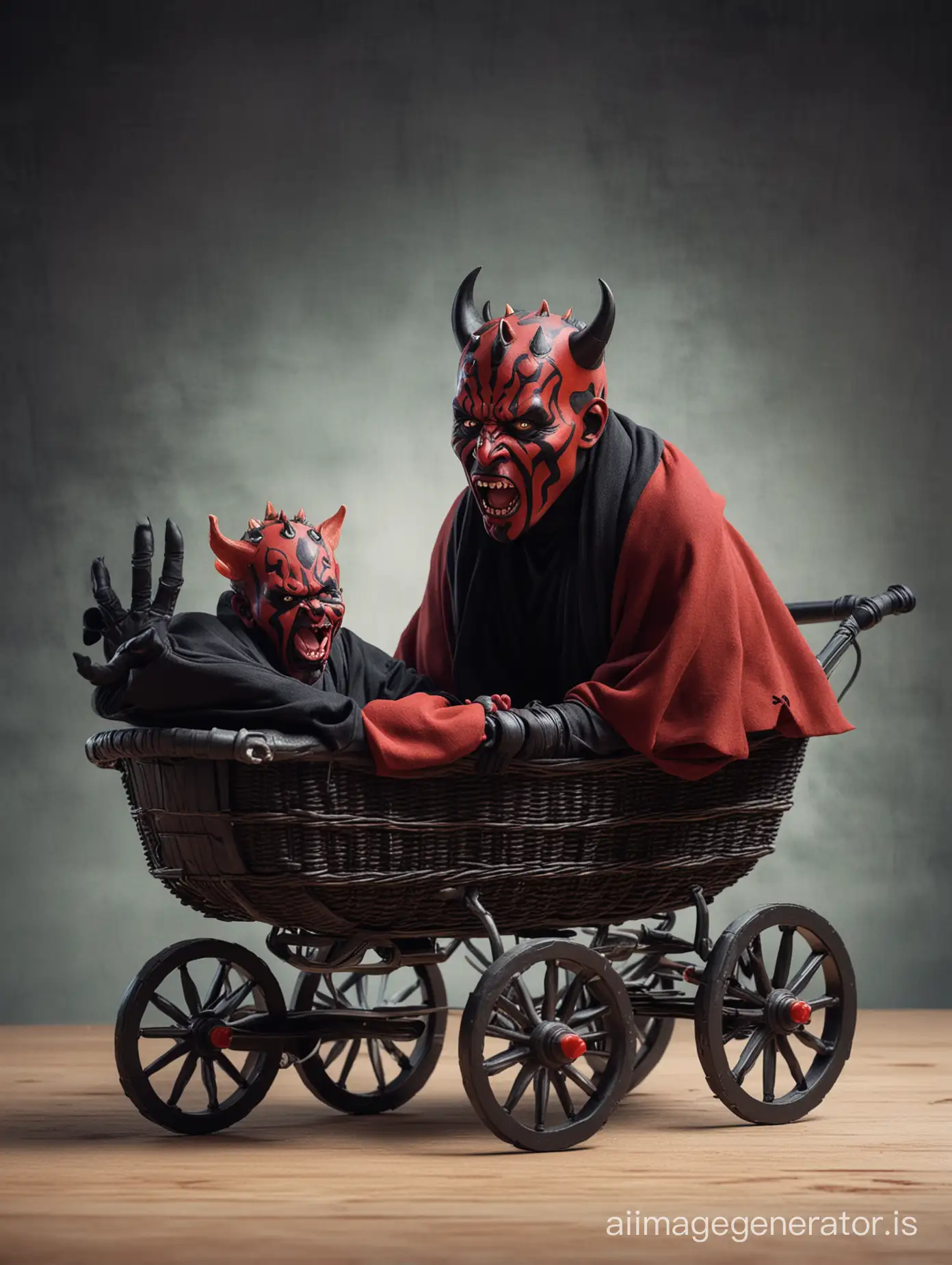 Darth Maul screaming at a baby in a baby carriage. StarWars theme background